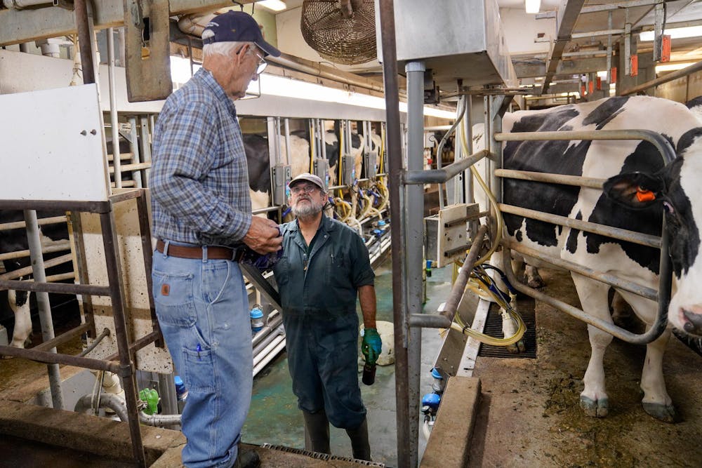 Duane Reum, 88, of Lansing, talks with his coworker Fermin Jimenz-Krasselat at the Dairy Cattle and Research Center in Lansing on Sept. 18, 2023. Jimenz-Krasselat is a herdsman at the Dairy Cattle and Research Center and Reum helps him make sure things run efficiently at the milking stations during the morning shift. 