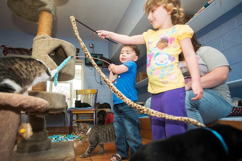 <p>From left, Mason, Mich., residents Brennen Logue, 2, and Morgan, 4, play with cats May 14, 2014, in one of the three cat rooms at Ingham County Animal Shelter, 600 Curtis St., in Mason. When asked by her mother Lyndi what she wanted to that day, Morgan said "I want to go play with the kitties," something they have done several times in the past. Danyelle Morrow/The State News</p>