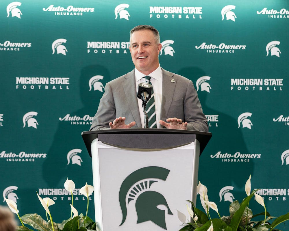 MSU's new football HC Pat Fitzgerald gives his speech in the Tom Izzo football building in East Lansing, MI on Dec. 2, 2025.