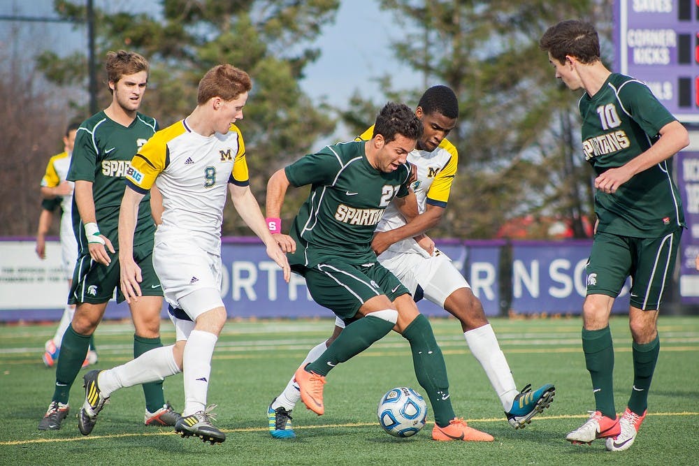 	<p>Senior forward Domenic Barone attempts to run the ball during the Big Ten Tournament Championship game on Sunday, Nov. 11, 2012, at Lakeside Field at Northwestern in Evanston, Ill. The Spartans beat the Wolverines, 2-1, in overtime. Julia Nagy/The State News </p>