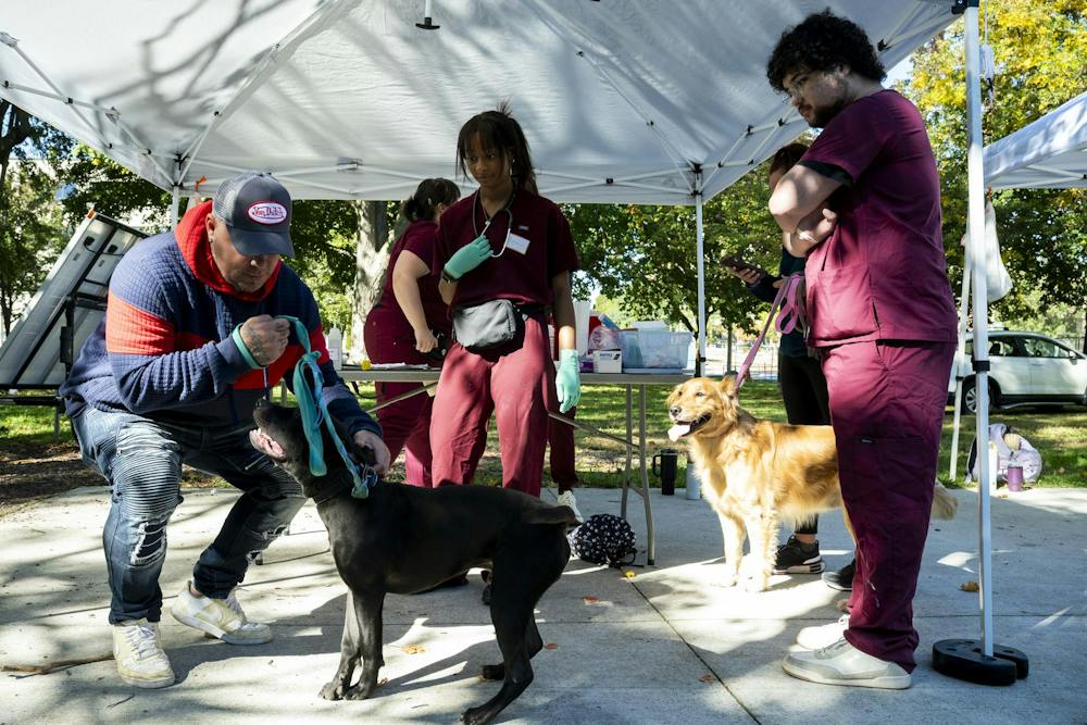 <p>Patrick Stephens, 43, of Lansing, plays with his 9-month-old pit bull, Melly, as Michigan State University veterinary medicine students prepare to provide care during a free Michigan Community Street Clinic at Reutter Park in Lansing, Mich., on Sunday, Sept. 27, 2026.</p>