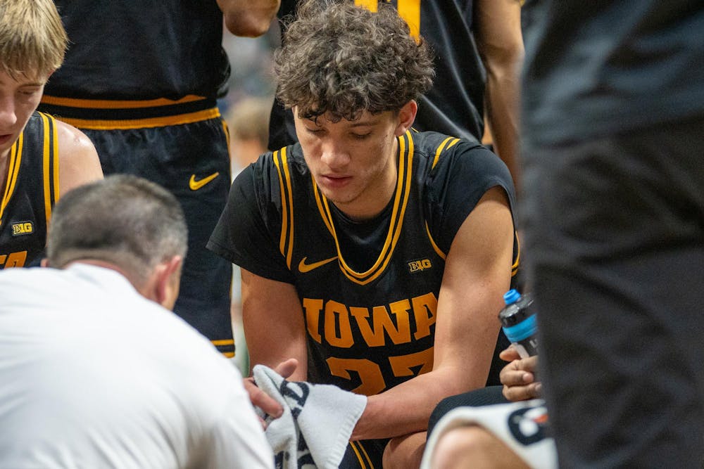 <p>The University of Iowa huddles up during its matchup against Michigan State University at the Breslin Center on Dec. 2, 2025.</p>