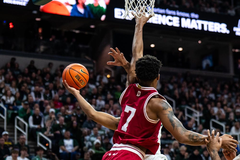 <p>MSU Player attempts a basket during an NCAA Division I basketball game between Michigan State and Indiana at the Breslin Center in East Lansing, Michigan, on Tuesday, Jan. 13, 2026.</p>
