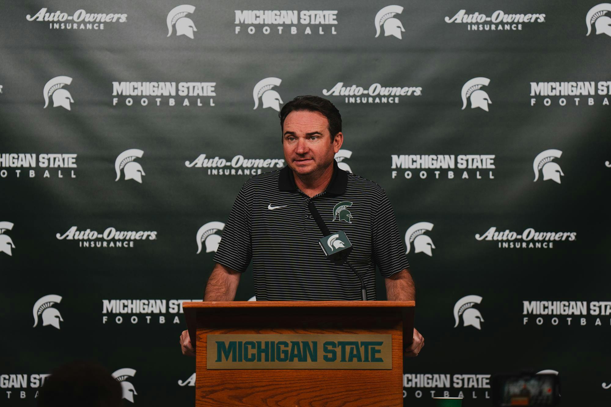 <p>MSU football coach Jonathan Smith delivers a press conference on Monday, Sept. 23, 2024. </p>