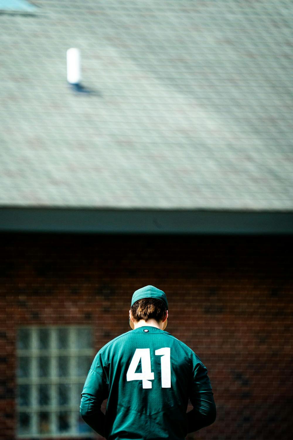 MSU junior pitcher Nolan Higgins (41) sets on the mound before throwing a pitch during a game at McLane Stadium on April 13, 2025.