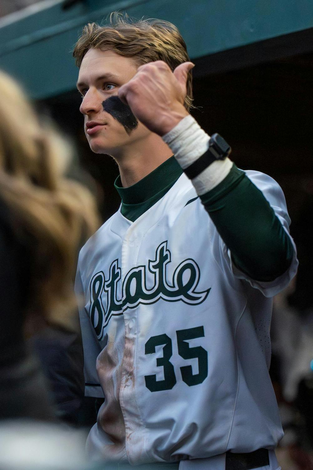 Michigan State first baseman Randy Seymour, 35, talks with teammates in the dugout during Michigan State’s game against Michigan at Jeff Ishbia Field at McLane Stadium in East Lansing, Mich., on Friday, April 10, 2026.
