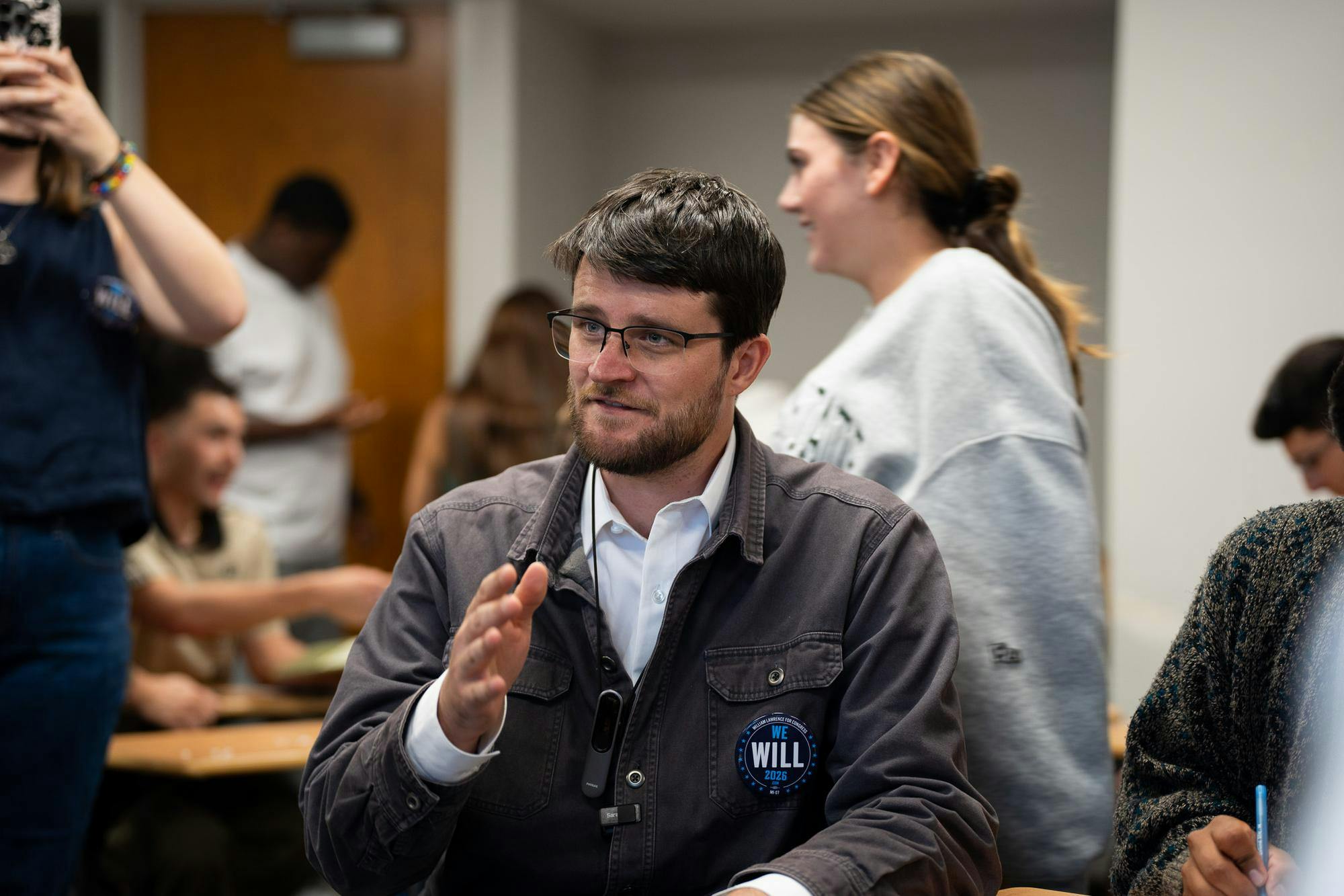 <p>Will Lawrence speaks with students during the MSU Dems meeting in Case Hall in East Lansing, Mich., on Sept. 15, 2026.</p>