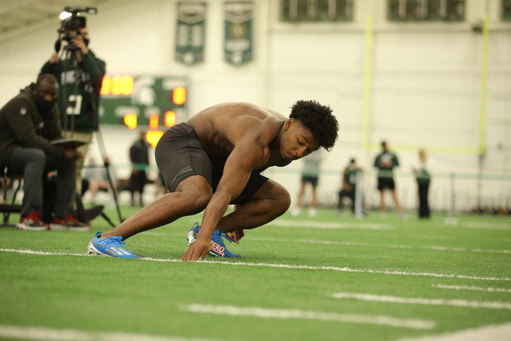 <p>Cornerback Shakur Brown participates in drills during the MSU Football Pro Day on March 24, 2021. Brown is projected to be picked in the 4th or 5th round of the 2021 NFL Draft.</p>