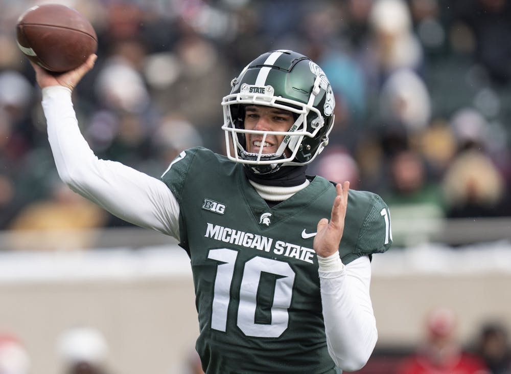 Redshirt junior quarterback Payton Thorne, 10, during Michigan State’s last game at home against Indiana on Saturday, Nov. 19, 2022 at Spartan Stadium. Indiana ultimately beat the Spartans, 39-31.