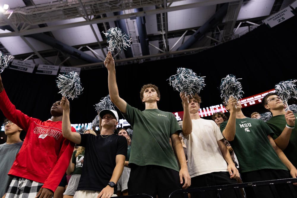 <p>Michigan State students cheer during the Michigan State vs Western Michigan volleyball game at the Breslin Center on Tuesday, Sept. 8, 2026.</p>