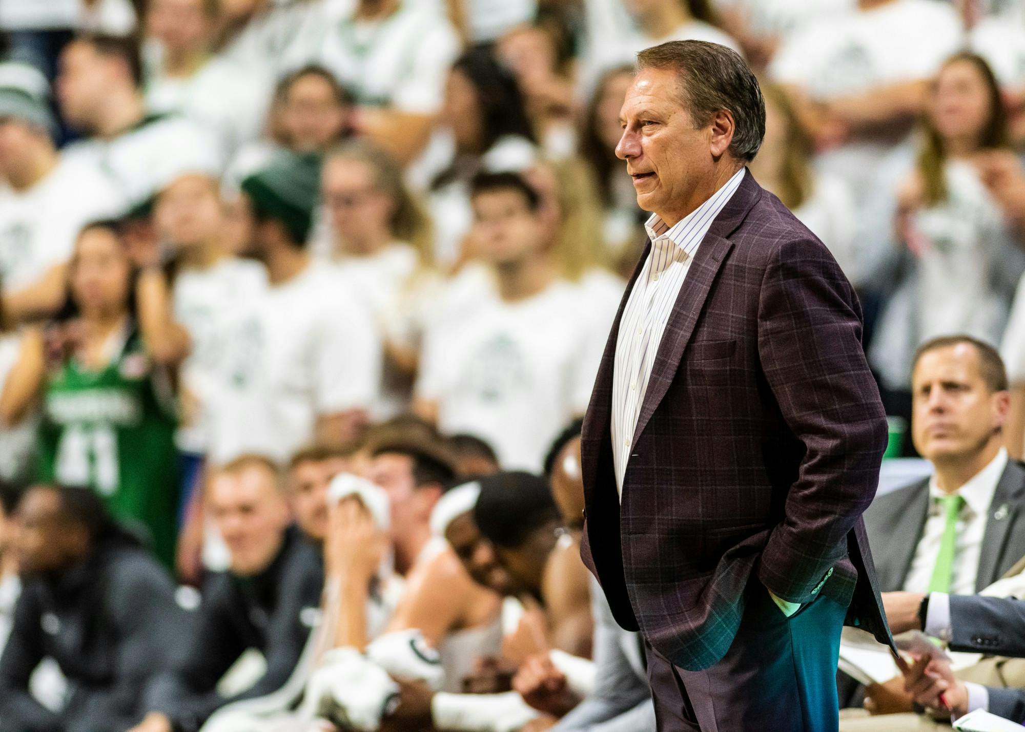 <p>Head Coach Tom Izzo looks on during a game against Albion College. The Spartans defeated the Britons, 85-50, at the Breslin Student Events Center on Oct. 29, 2019. </p>