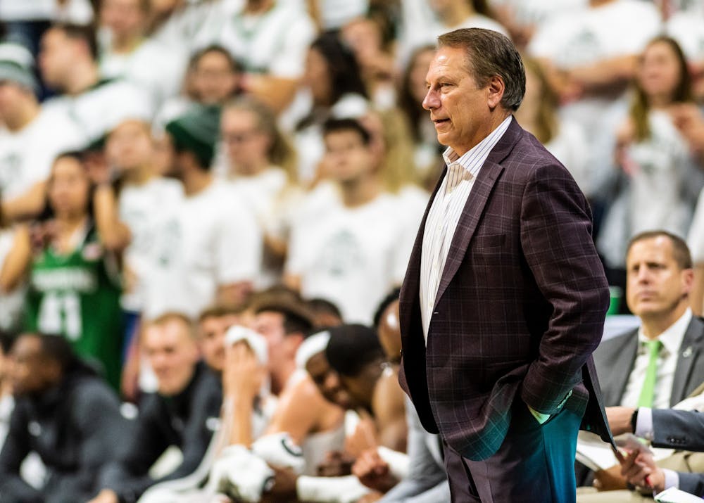 <p>Head Coach Tom Izzo looks on during a game against Albion College. The Spartans defeated the Britons, 85-50, at the Breslin Student Events Center on Oct. 29, 2019. </p>