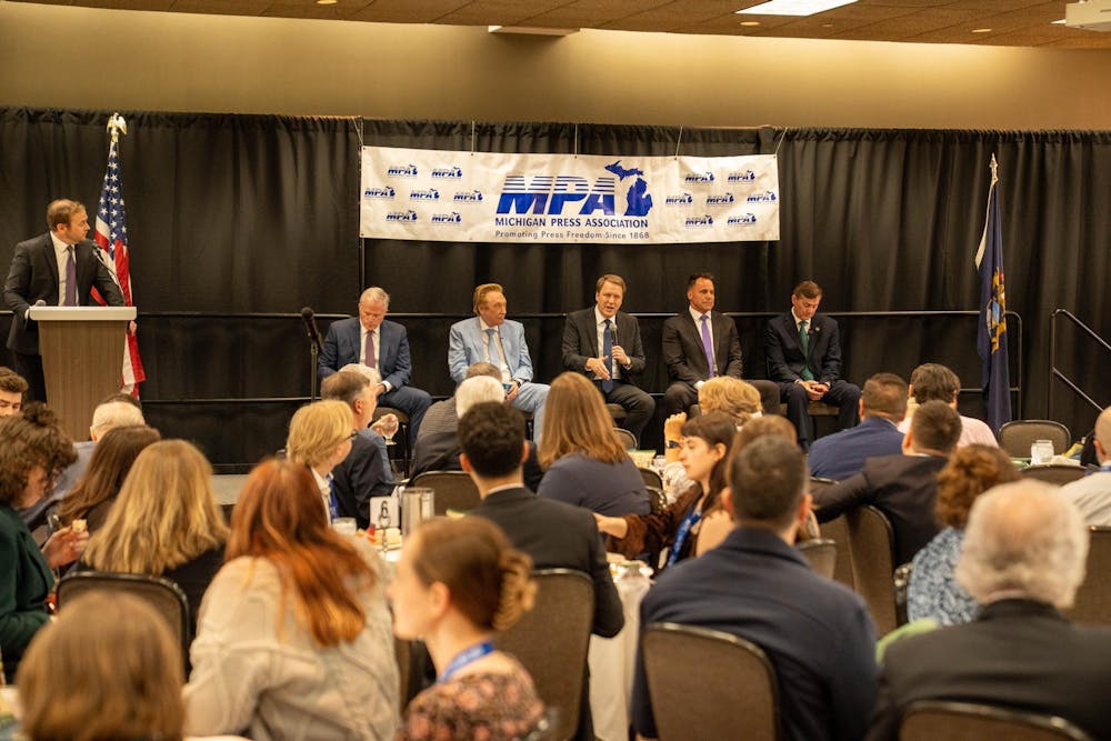 Candidates speaking during the MPA Gubernatorial Candidate Luncheon at the Kellogg Center in East Lansing, on April 23, 2026.