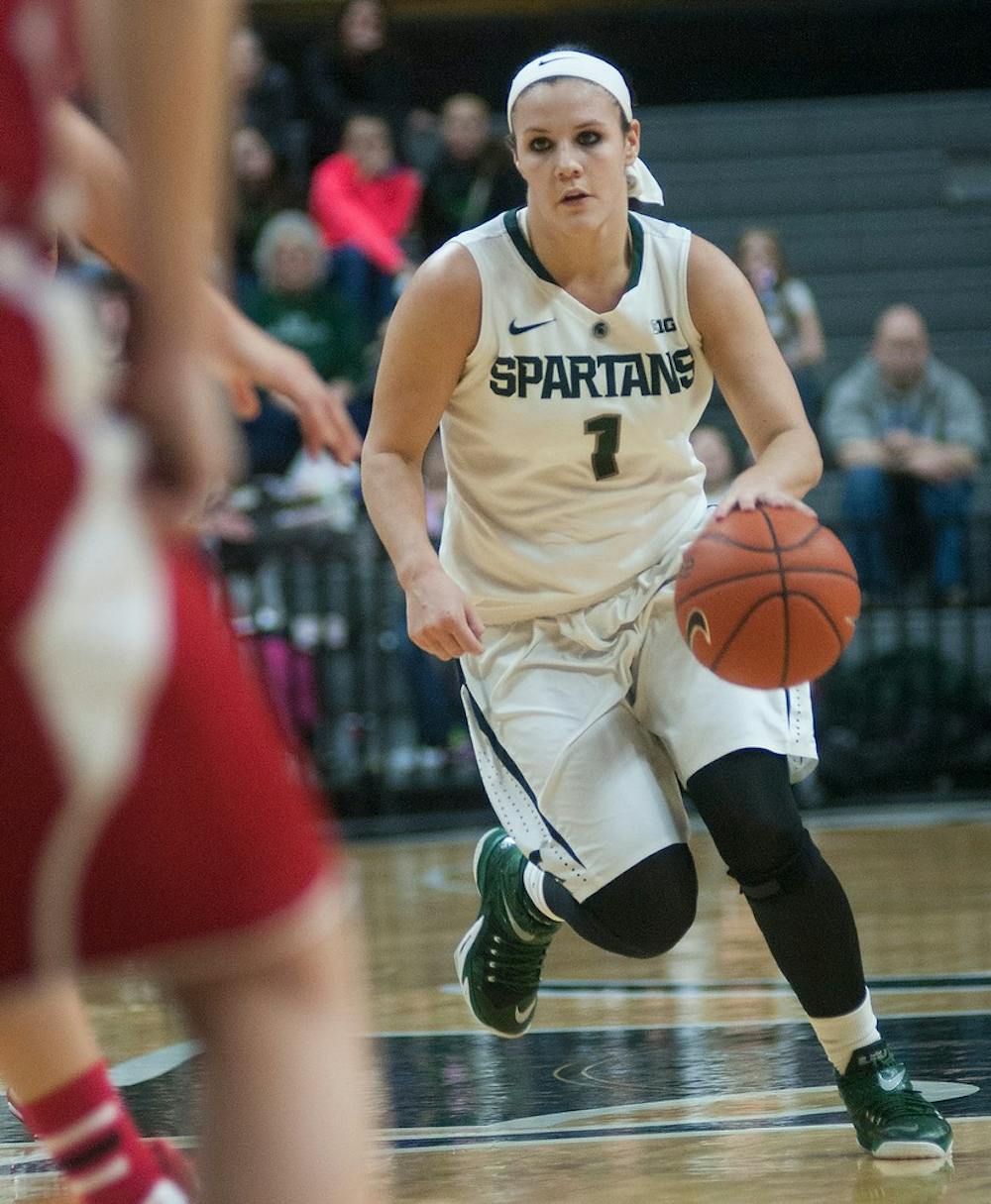 <p>Sophomore guard Tori Jankoska dribbles the ball down the court during a game against Wisconsin Jan. 25, 2015, at Breslin Center. The Spartans defeated the Badgers, 77-71. Alice Kole/ The State News</p>