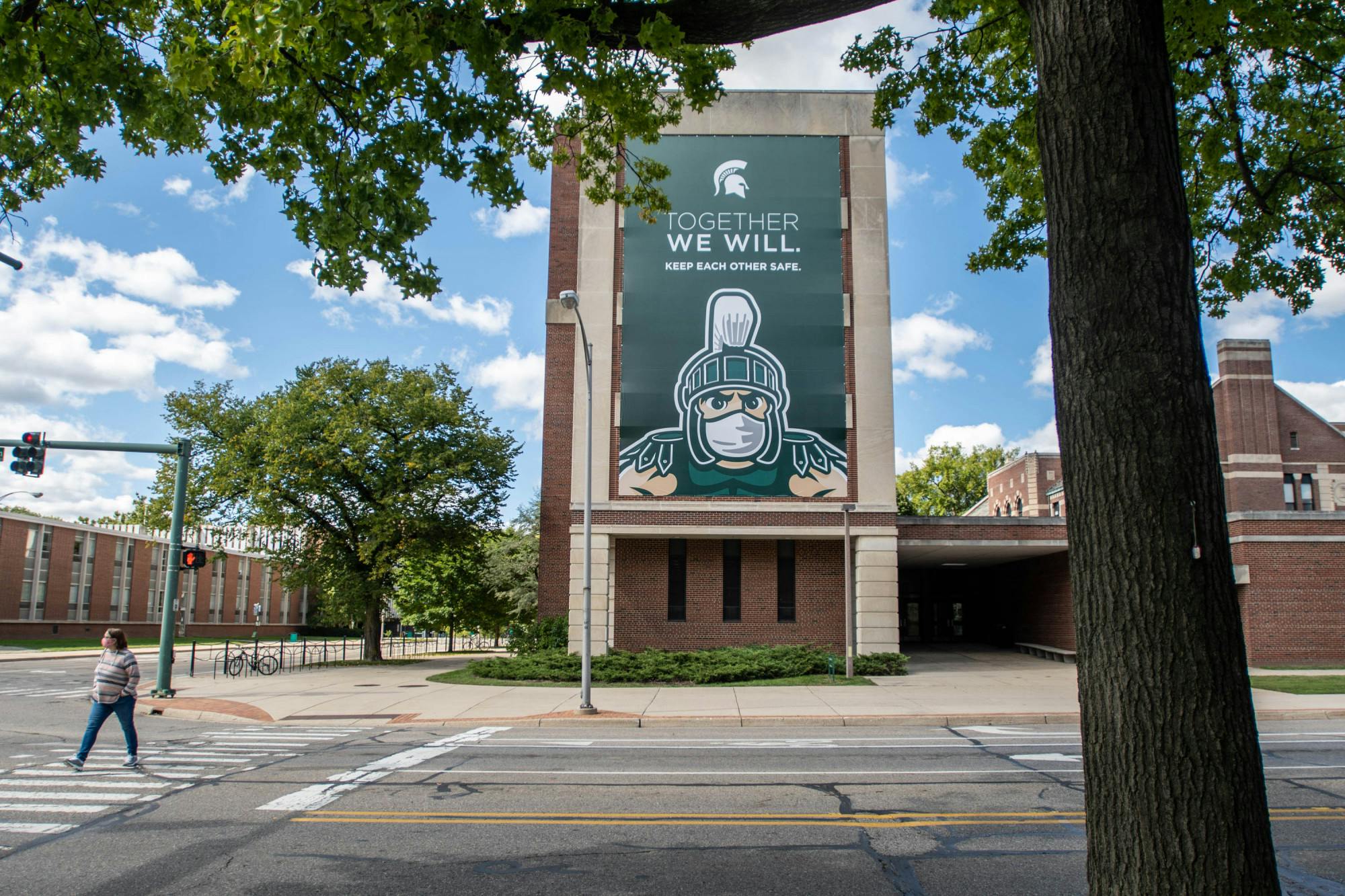 Campus on Sept. 18, 2020. MSU has put up large posters around campus to encourage students and the community to practice social distancing and wear masks.