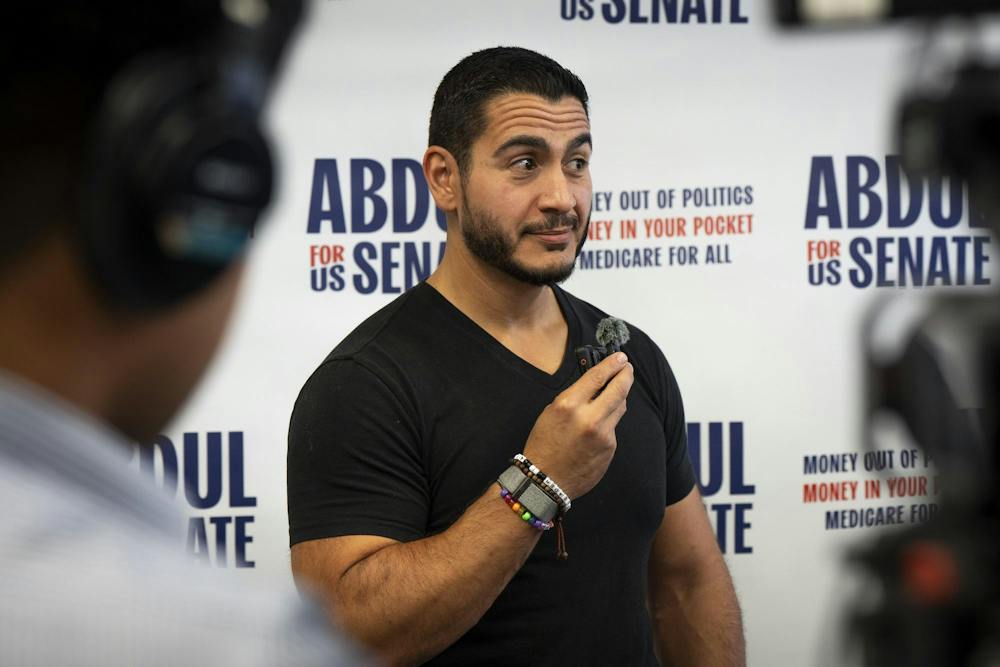 Abdul El-Sayed, democratic candidate for Michigan U.S. Senate, speaks with press after a rally at the Student Union in East Lansing, Michigan, Sept. 11, 2026.