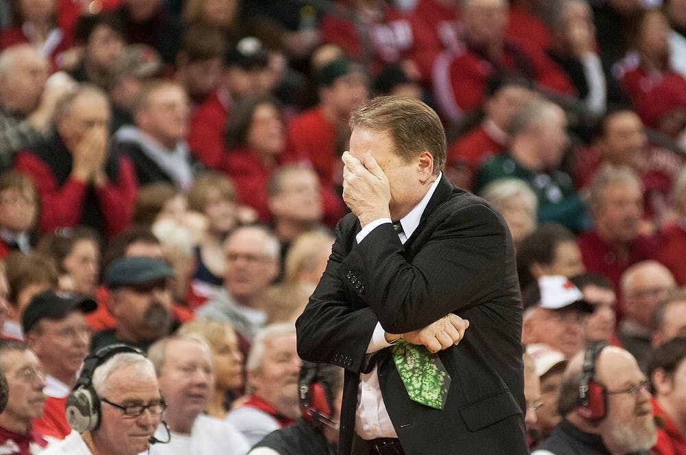 	<p>Head coach Tom Izzo reacts during the game against Wisconsin on Feb. 9, 2014, at Kohl Center in Madison, Wis. The Spartans lost to the Badgers, 60-58. Danyelle Morrow/The State News</p>