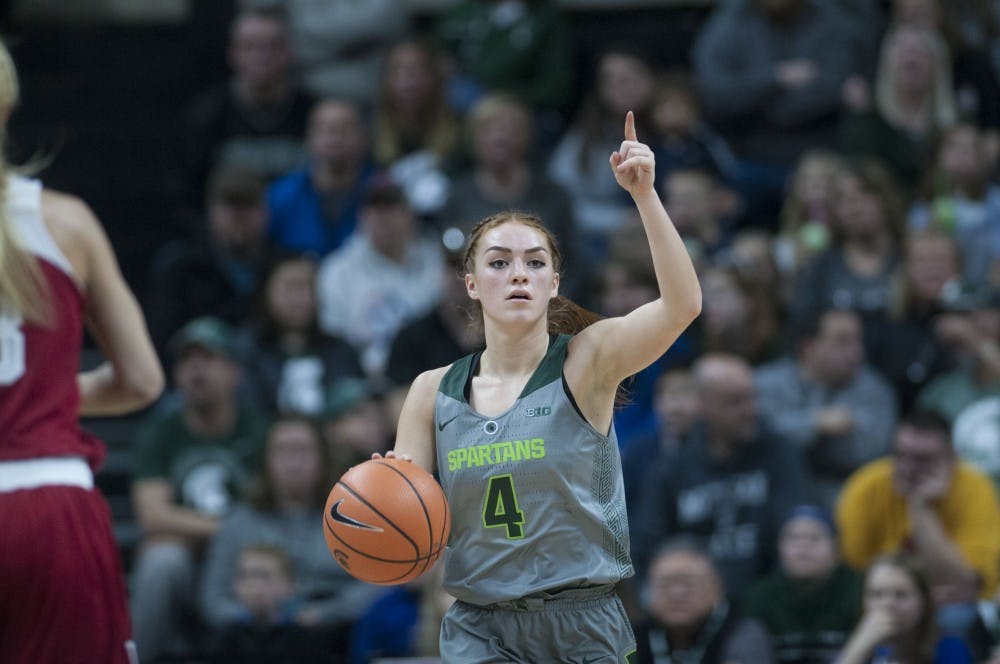 <p>Sophomore guard Taryn McCutcheon (4) brings the ball up the court during the first half of the women's basketball game against Indiana on Jan. 20, 2018 at Breslin Center. The Spartans trailed in the first half, 45-32. (C.J. Weiss | The State News)</p>