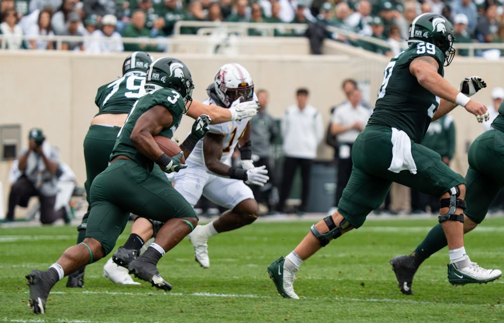 <p>Michigan State&#x27;s running back Jerek Broussard (3) runs the ball up the field during the Spartan&#x27;s loss to the Minnesota Gophers on Sept. 24, 2022.</p>