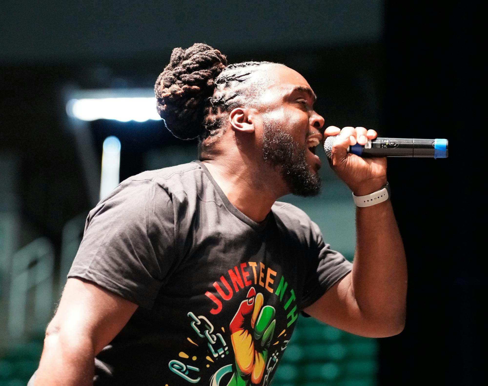 The Gregory D and Company gospel group lead singer performs on stage at the Juneteenth Commemorative Celebration on June 14, 2024. 