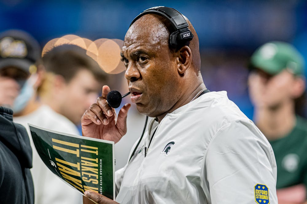 <p>Michigan State head coach Mel Tucker watches the field during the Spartans&#x27; 31-21 victory against Pitt in the Chick-Fil-A Peach Bowl on Dec. 30, 2021.</p>
