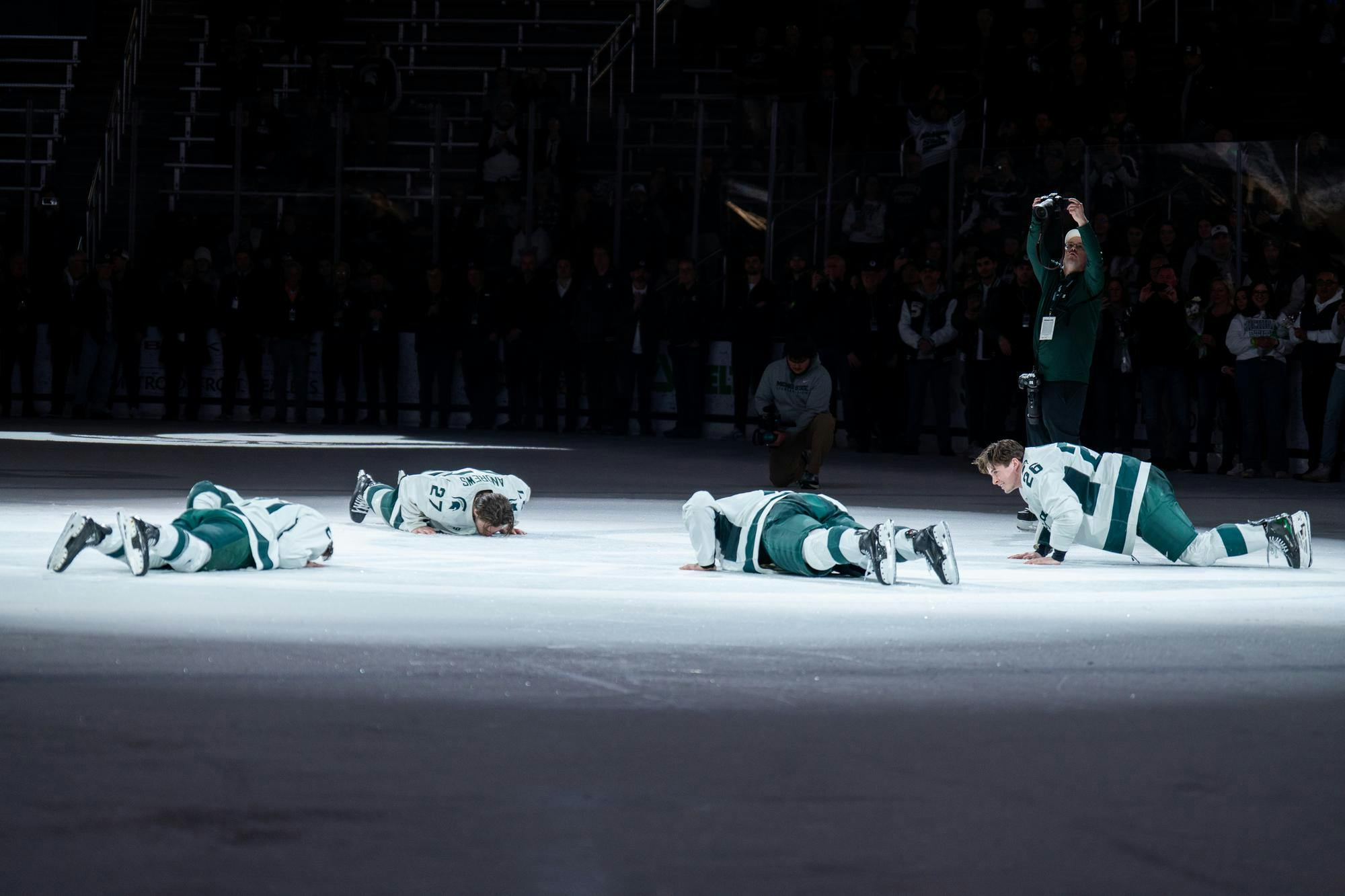 <p>The Michigan State men’s hockey senior class kisses the ice at Munn Ice Arena on Feb. 22, 2025. The Spartans lost 3-2 to the Nittany Lions.</p>