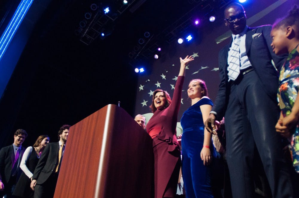 Governor-elect Gretchen Whitmer waves to the crowd during her acceptance speech during the Democratic Watch Party at the Motor City Casino on Nov. 6, 2018.