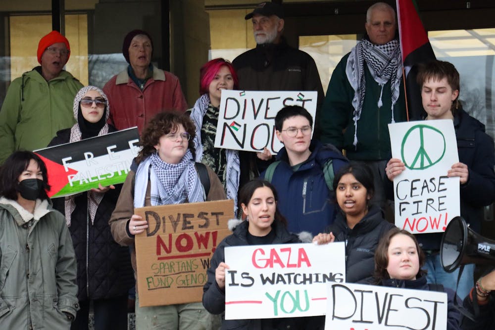 <p>Free Palestine rally held by MSU students at the Hannah Administration Building, Feb. 1, 2024. Rally members call for divest. </p>