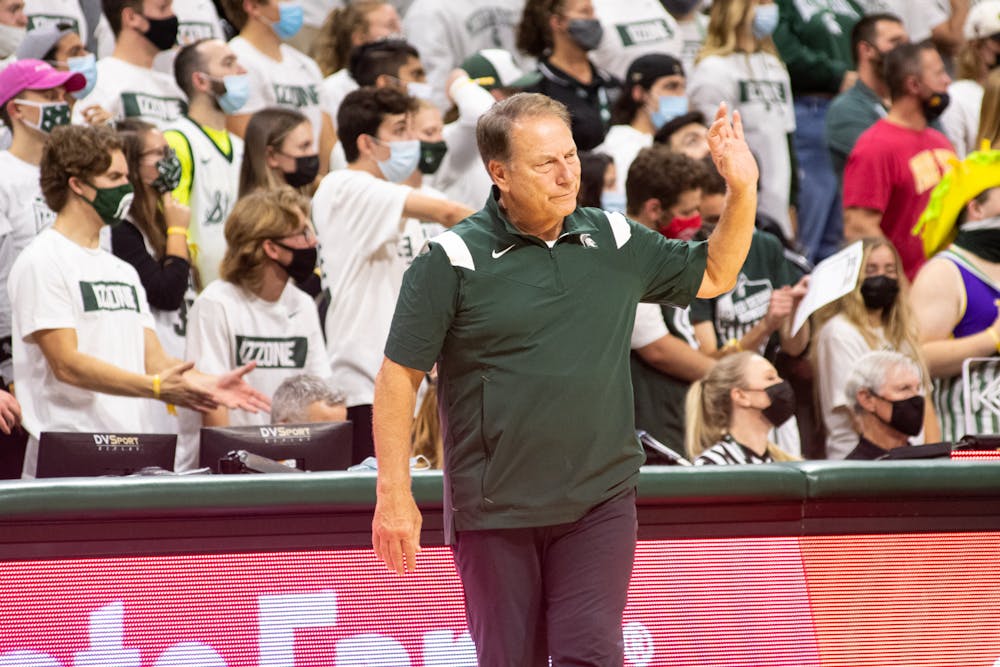 <p>Head Coach Tom Izzo disagrees with a call on Oct. 27, 2021.</p>