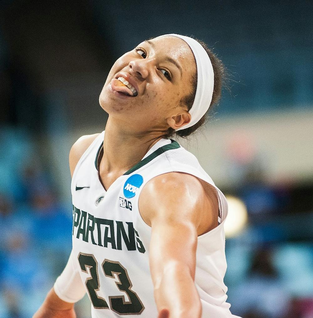 <p>Redshirt freshman Aerial Powers reacts to a free throw attempt March 23, 2014, during a game against Hampton at Carmichael Arena in Chapel Hill, N.C. The Spartans defeated the Pirates, 91-61. Erin Hampton/The State News</p>
