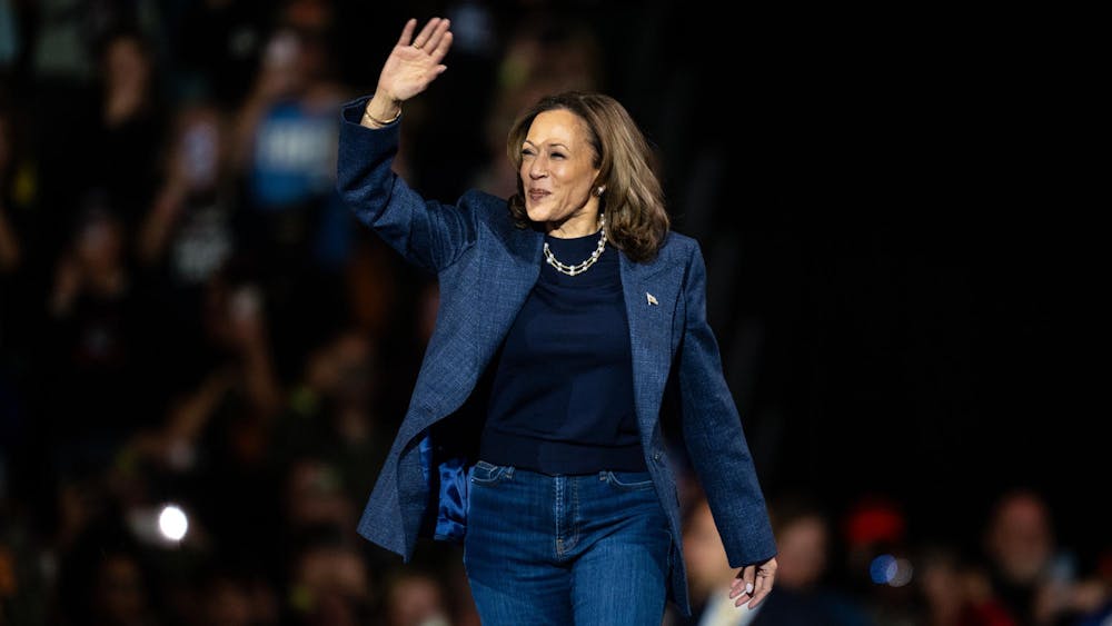 <p>Vice President Kamala Harris waves to the crowd at her presidential campaign rally on Michigan State University's campus in East Lansing, Michigan, on Nov. 3, 2024. Vice President Harris' rally at MSU demonstrates this election cycle's focus on young voters and battleground states like Michigan.</p>