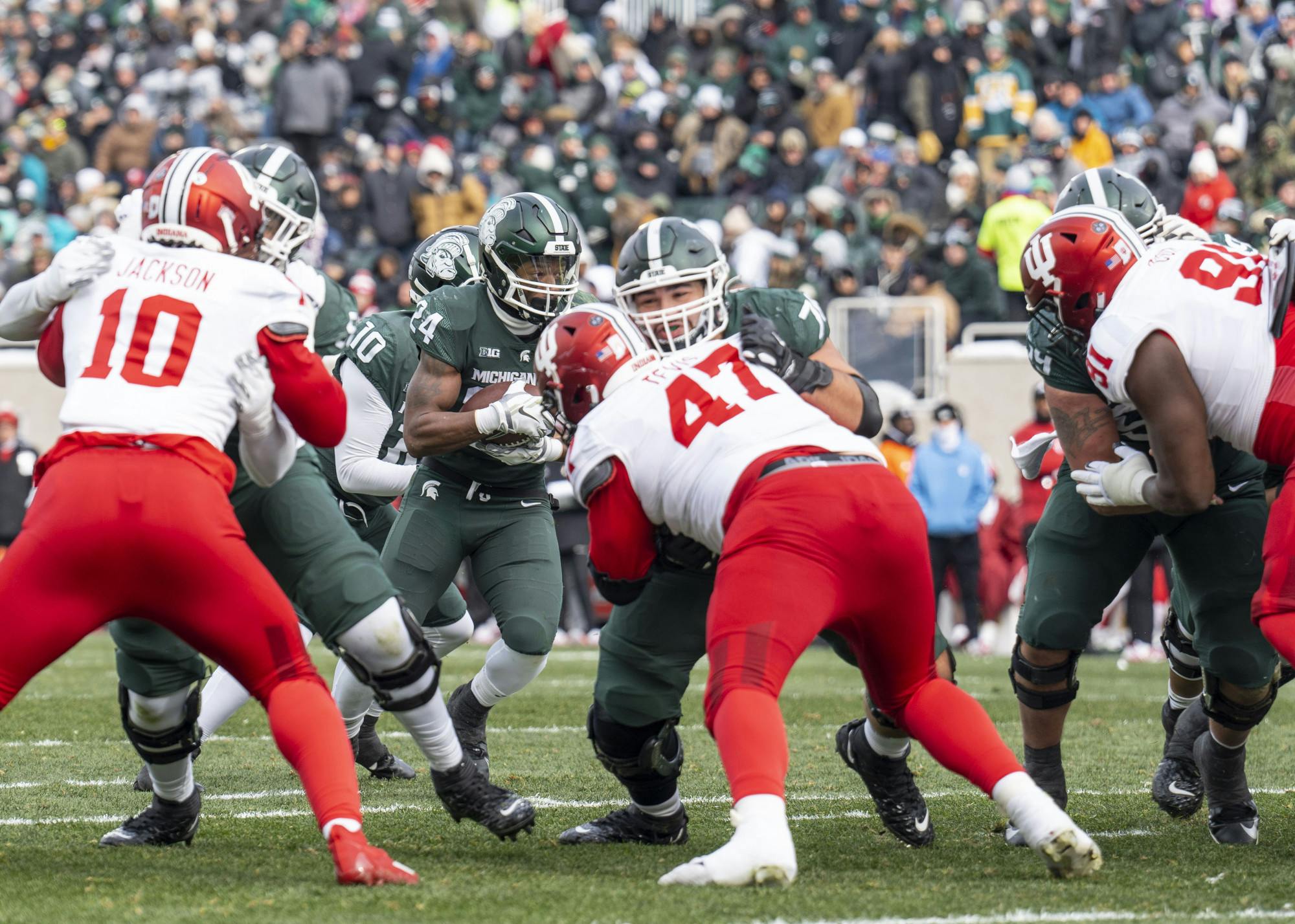 Redshirt senior running back Elijah Collins, 24, during Michigan State’s last game at home against Indiana on Saturday, Nov. 19, 2022 at Spartan Stadium.