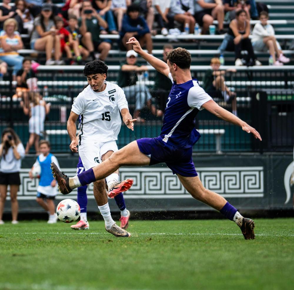 <p>MSU junior forward, Oscar Huerta (15), kicks the ball as Niagara junior midfielder Paddy Kildee-Doolan (2) tries to block the ball while playing at DeMartin Stadium in East Lansing, Mich., on Sunday, Aug 30, 2026.</p>