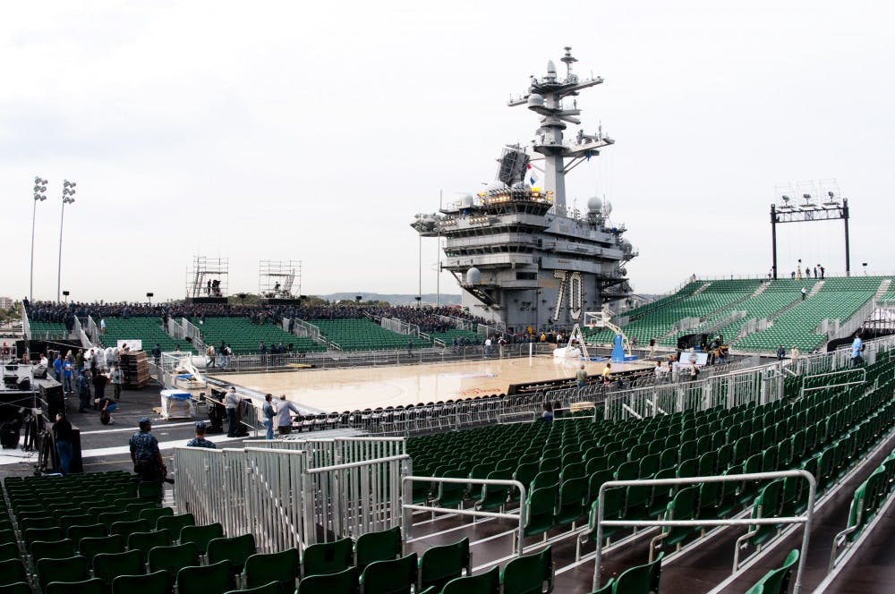 View of the setup on Thursday morning for the Quicken Loans Carrier Classic onboard the U.S.S. Carl Vinson at Naval Base Coronado in Coronado, CA. Josh Radtke/The State News