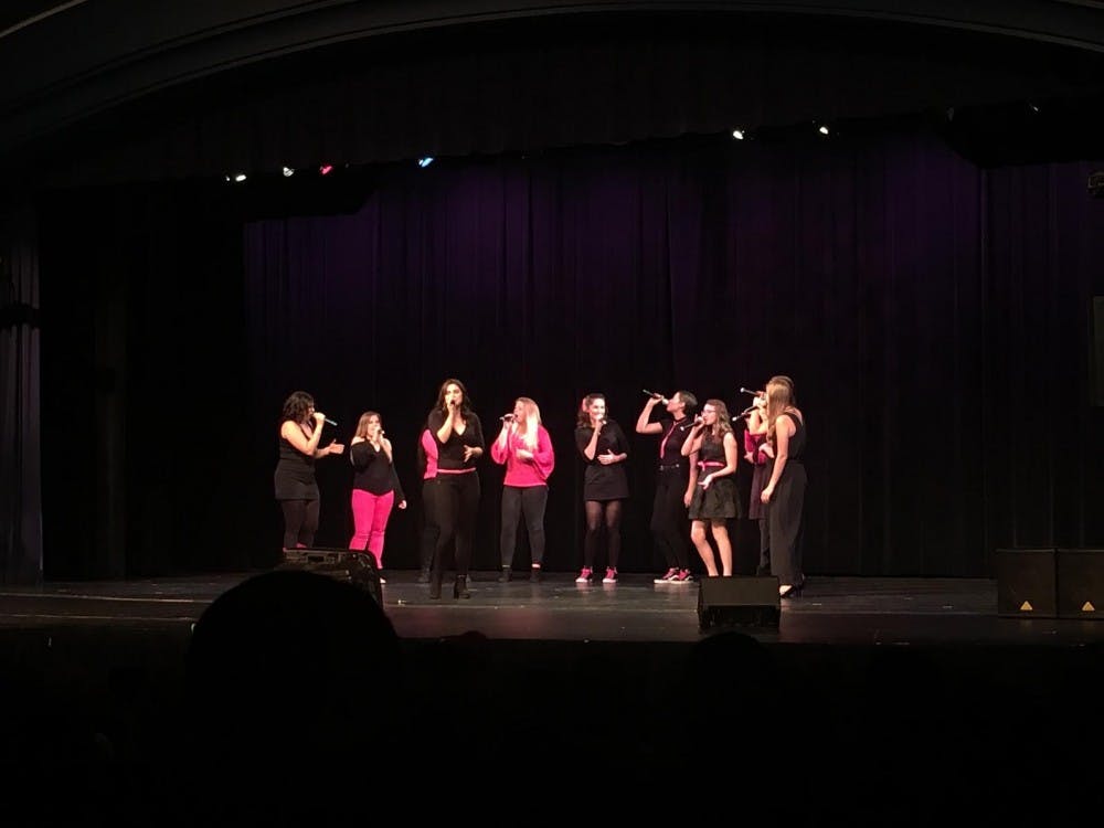 An a cappella group performs inside East Lansing's Hannah Community Center on Oct. 13, 2018. Eight a cappella groups from MSU performed as part of Accapalooza 2018. 