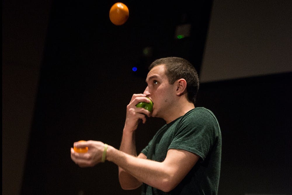 <p>Advertising freshman Sam Silverstein performs at his comedy show on Feb. 4, 2015 for Mott Children's Hospital's charity event Laughter is the Cure to Life held in the MSU Business College Complex, 632 Bogue Street, in East Lansing. Silverstein performed comedy for the first time during his high school talent show and his love for performance and the spotlight led him to continue performing at MSU.</p>