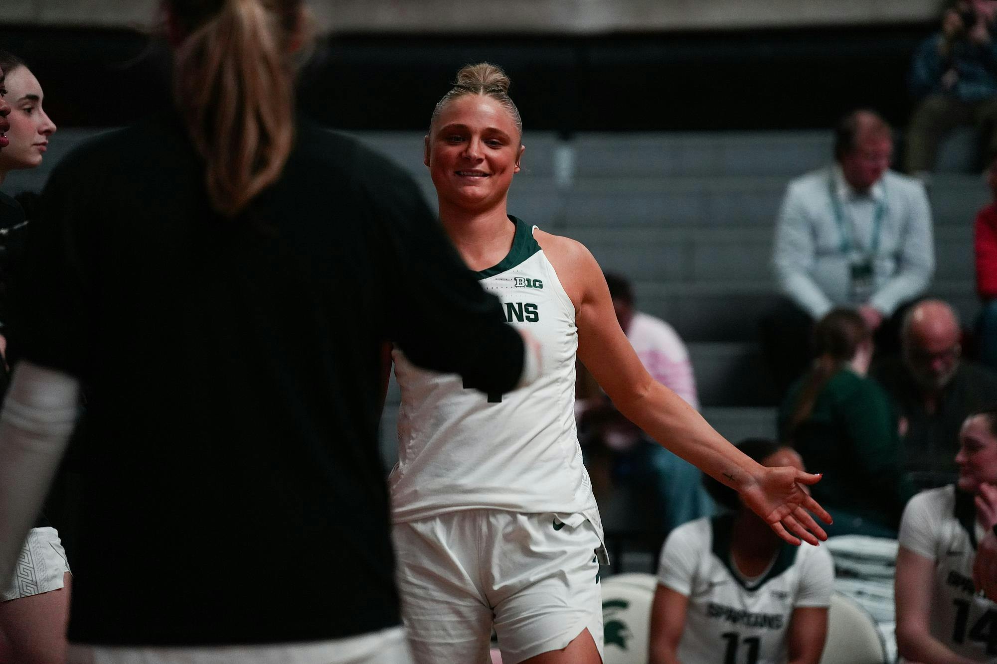 <p>Michigan State junior point guard Theryn Hallock (4) is introduced at the beginning of the game at the Breslin Center on Feb. 12, 2025. MSU beat Wisconsin 91-71 at the Breslin Center.</p>
