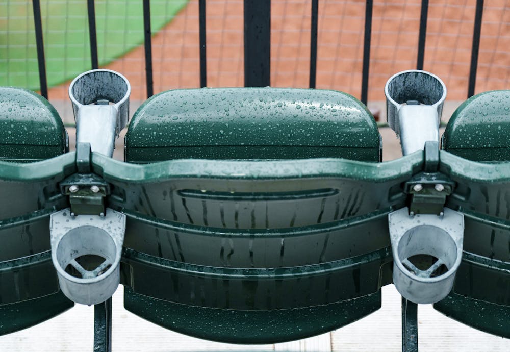 <p>The rain continues to pour during the Spartans&#x27; game against Youngtown State at McLane Baseball Stadium, leaving the seats soaked on March 30, 2022. Spartans are victorious 12-5 against Youngtown State.</p>