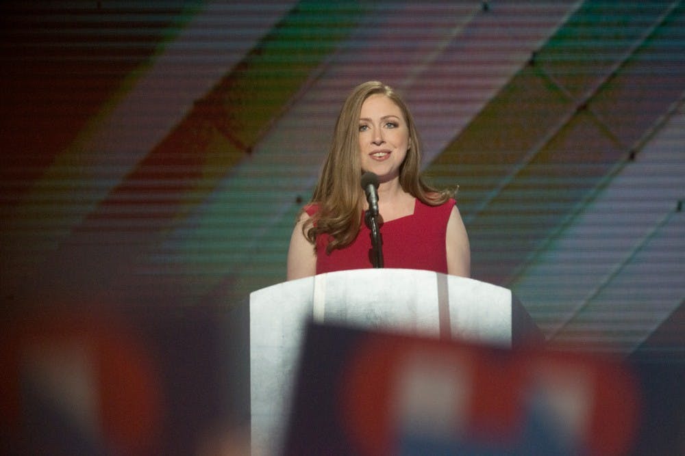 Chelsea Clinton speaks before introducing her mom and Democratic Presidential Candidate Hillary Clinton on the final day of the Democratic National Convention on July 28, 2016 at Wells Fargo Center in Philadelphia.  Clinton became the first woman to accept the nomination of a major party for the presidential election. 