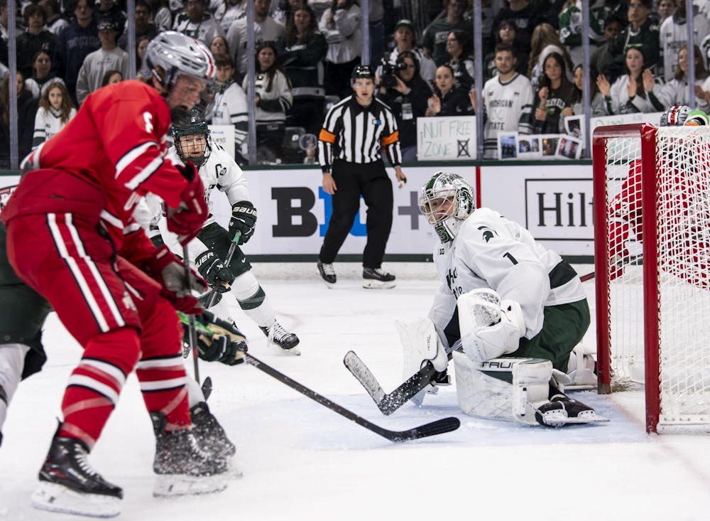 <p>MSU junior goalkeeper Trey Augustine (1) blocks OSU from scoring in the Munn Ice Arena on March 14, 2026.</p>