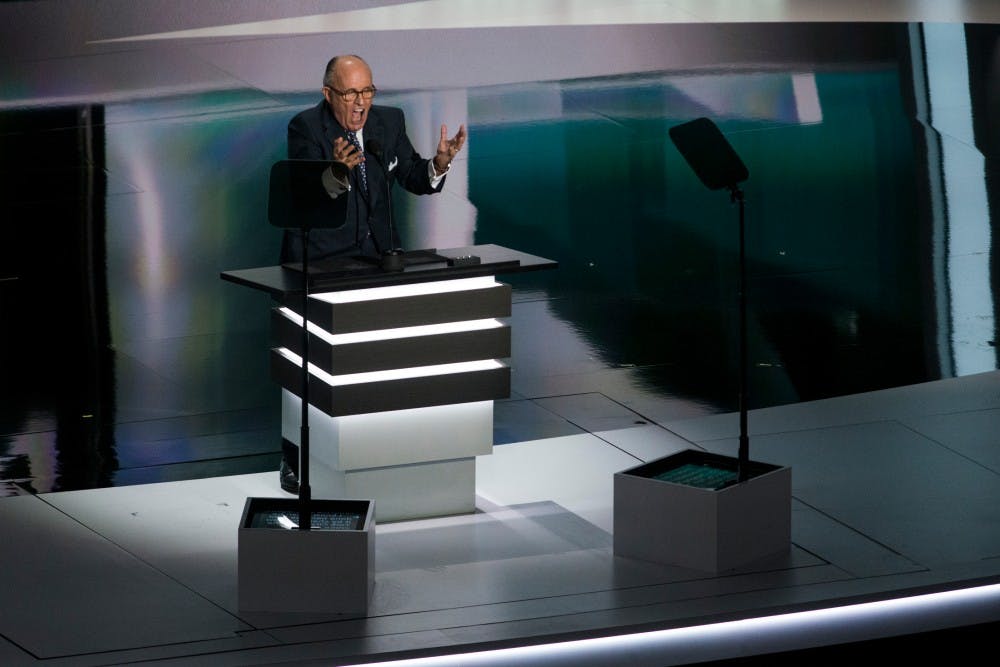 Rudy Giuliani gives a speech at the Republican National Convention on July 18, 2016 at Quicken Loans Arena in Cleveland, Ohio. Giuliani is the former mayor of New York City.