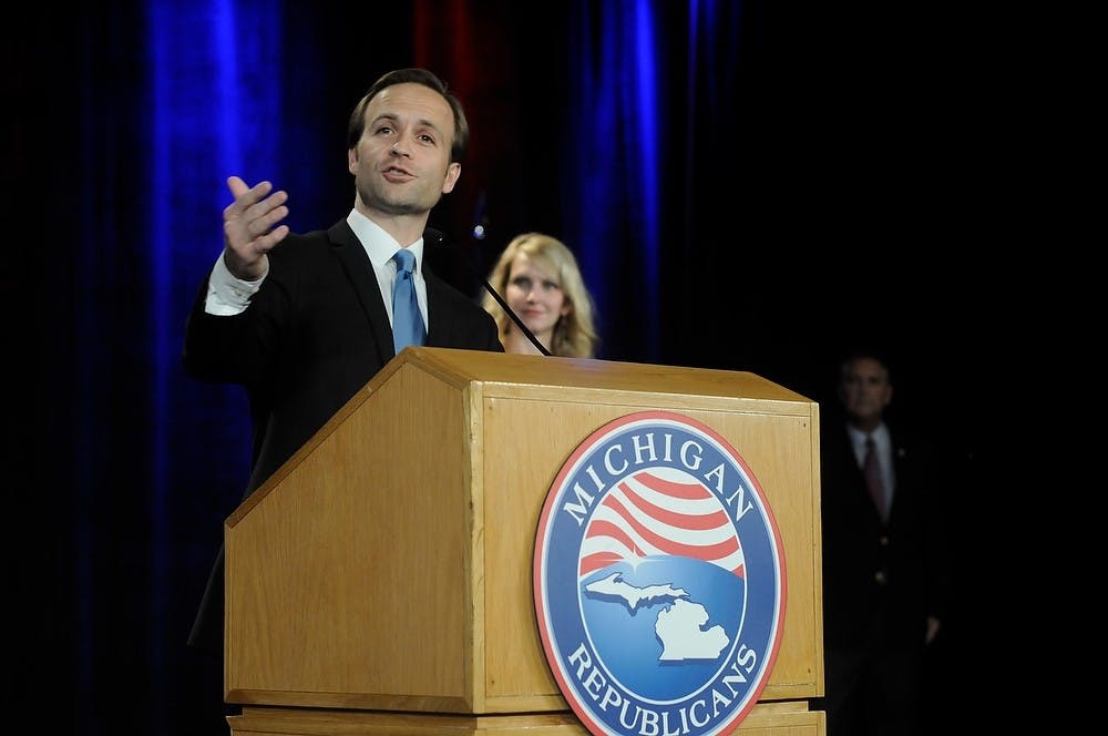 <p>Lt. Governor Brian Calley celebrates the Rick Snyder election win on Nov. 4, 2014, at the Detroit Marriott at the Renaissance Center in Detroit, Mich.</p>