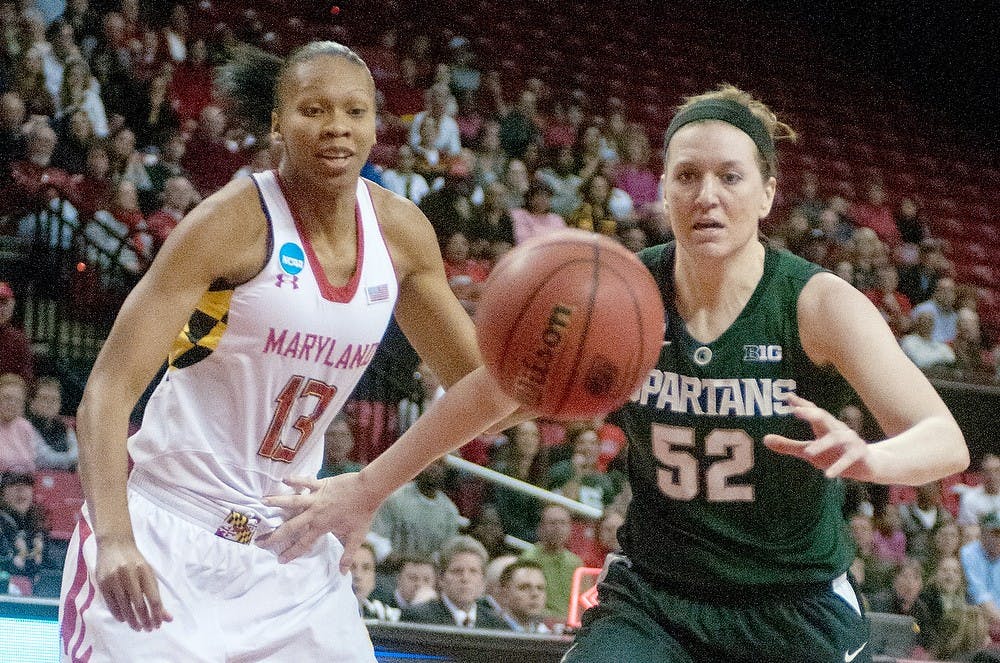 	<p>Sophomore forward Becca Mills and Maryland center Alicia DeVaughn chase after a loose ball during the second round of the <span class="caps">NCAA</span> Tournament on Monday, March 25, 2013, at Comcast Center in College Park, Md. The Terrapins lead 34-23 at the half. Julia Nagy/The State News</p>