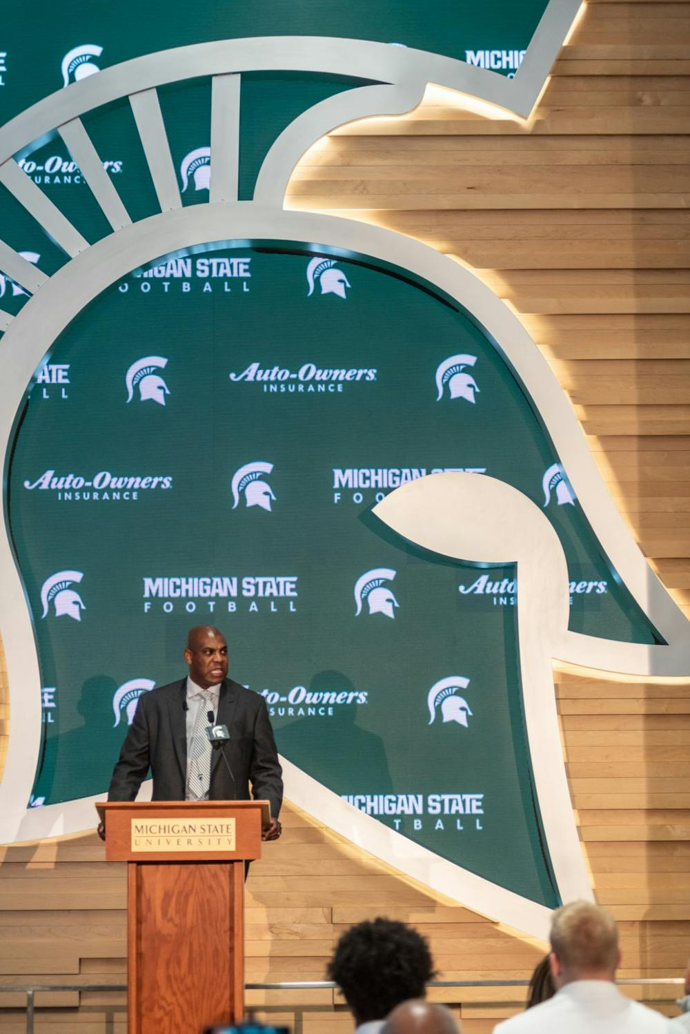 <p>New head football coach Mel Tucker speaks at his introductory press conference at the Breslin Student Events Center on Feb. 12, 2020.</p>