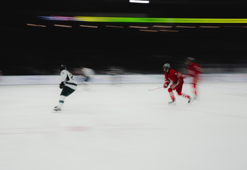 <p>MSU junior forward Gavin O'Connell (29) skates down the rink past Ohio State at the Munn Ice Arena in East Lansing, MI, on Feb. 27, 2026.</p>