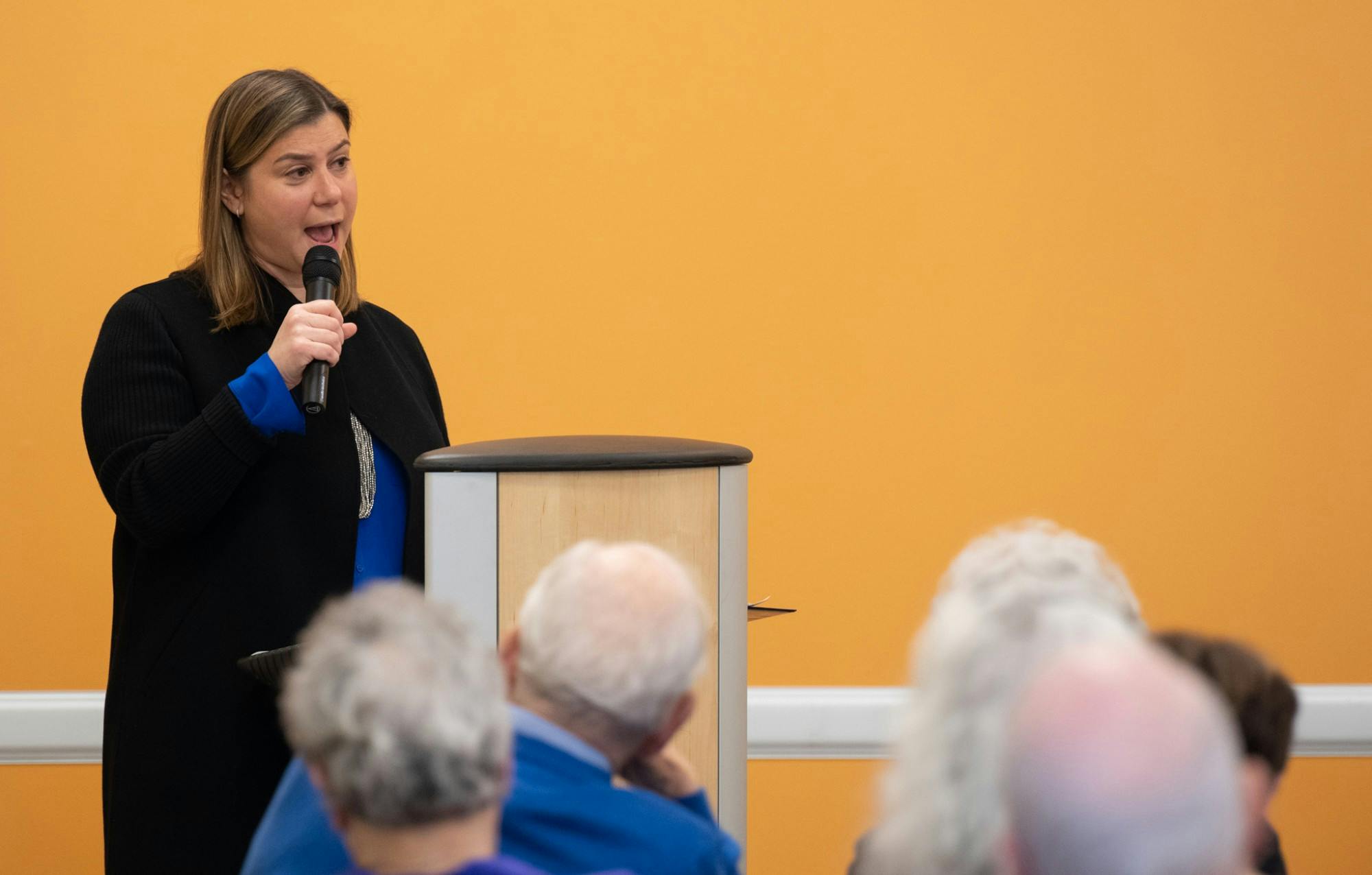 <p>U.S. Rep. Elissa Slotkin speaks out about recent antisemitic activity in East Lansing at the East Lansing Public Library on Feb. 23, 2020. </p>