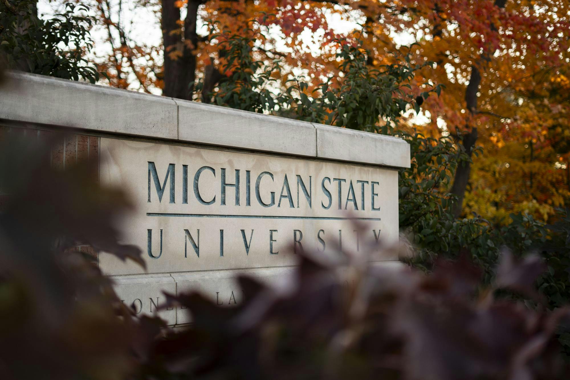 Michigan State University sign in East Lansing, Michigan, on Oct. 29, 2025. 
