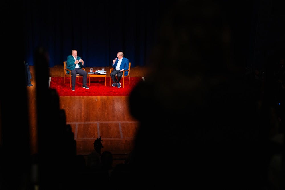 MSU Men's Basketball head coach Tom Izzo (left) answers a question from former Michigan governor Jim Blanchard (right) at the Wharton Center on Sep. 24, 2024.