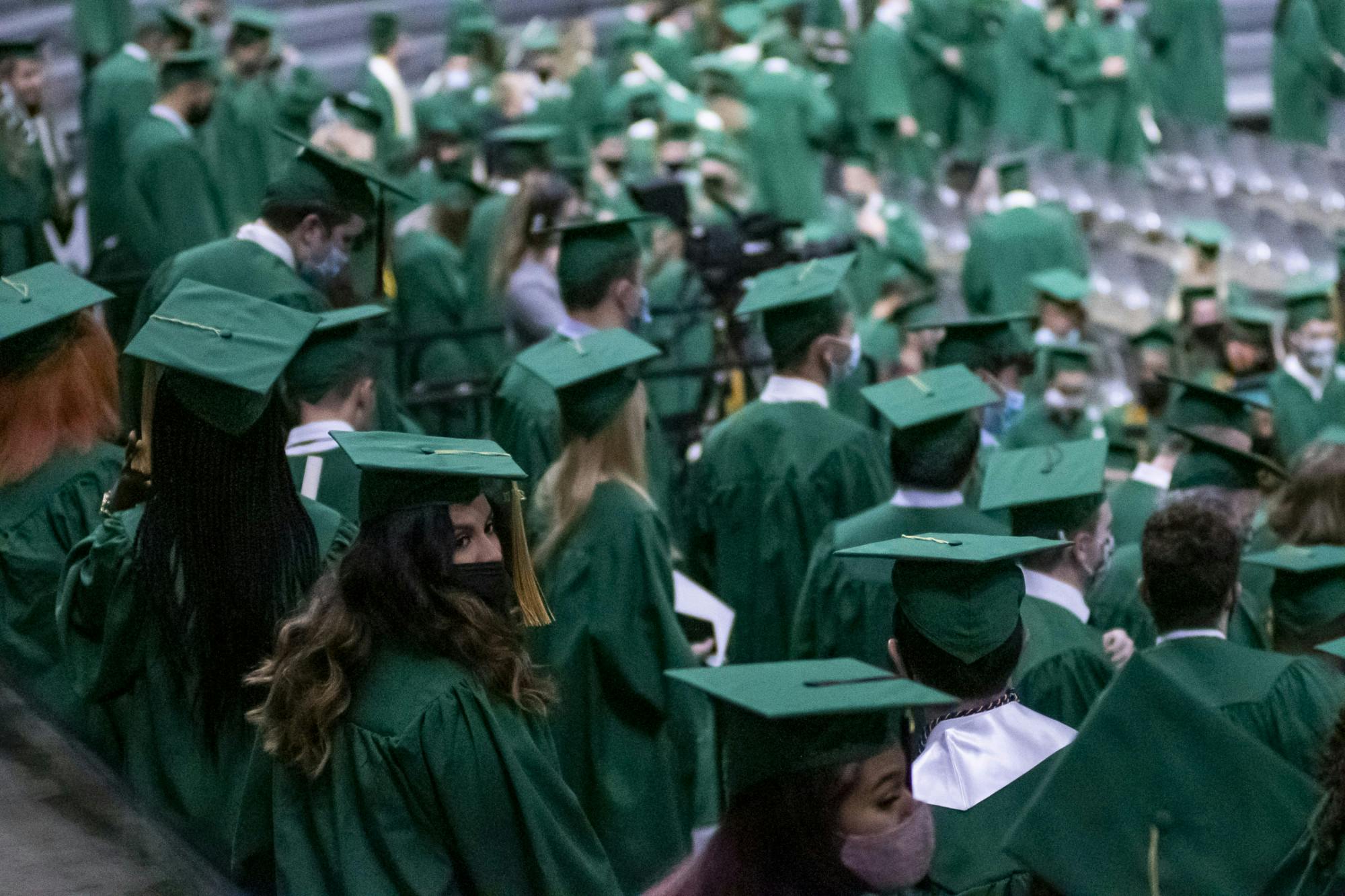 <p>Baccalaureate graduates at the 2020-21 fall, spring and summer graduate commencement ceremony at the Breslin Center on Sept. 18, 2021.</p>