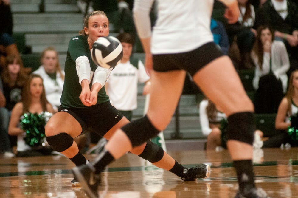 	<p>Junior libero Kori Moster bumps the ball Nov. 1, 2013, during the game against Ohio State at Jenison Field House. The Spartans defeated the Buckeyes, 3-0. Julia Nagy/The State News </p>